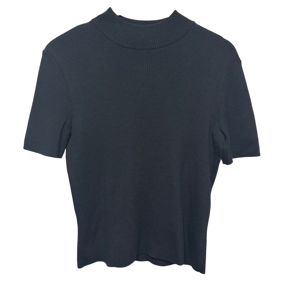 St John Collection Ribbed Knit Mock Neck Top Women Large Black Short Sleeve Luxe